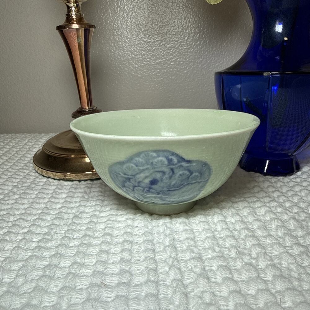 Vtg Studio Pottery Bowl Seafoam Green Blue Shell Palm Relief Ceramic Coastal
